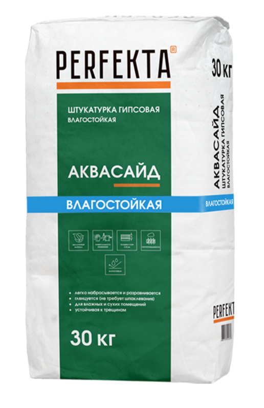 Штукатурка гипсовая ручного и машинного нанесения белая PERFEKTA влагостойкая Аквасайд 30 кг