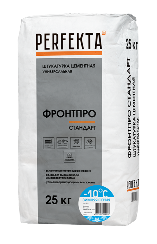 Штукатурка цементная ручного и машинного нанесения серая PERFEKTA универсальная Фронтпро Стандарт Зимняя серия 25 кг