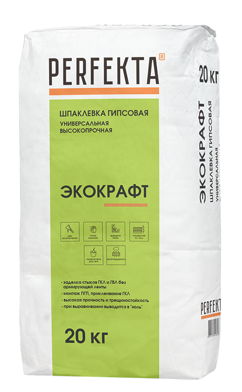 Шпаклевка гипсовая базовая белая PERFEKTA высокопрочная для заделки стыков ГКЛ и ГВЛ Экокрафт 20 кг