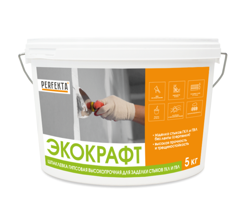 Шпаклевка гипсовая базовая белая PERFEKTA высокопрочная для заделки стыков ГКЛ и ГВЛ Экокрафт 5 кг