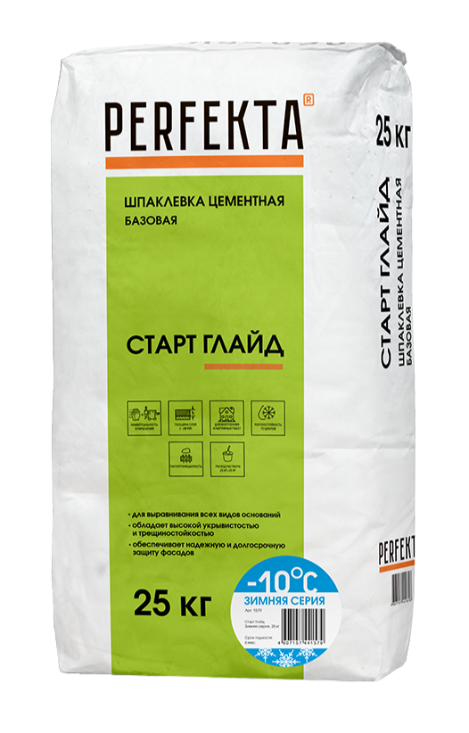 Шпаклевка цементная базовая белая PERFEKTA Старт Глайд Зимняя серия 25 кг