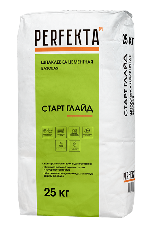 Шпаклевка цементная базовая белая PERFEKTA Старт Глайд МН 25 кг