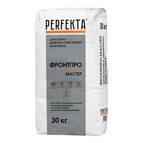 Штукатурка цементно-известковая ручного и машинного нанесения серая PERFEKTA облегченная Фронтпро Мастер 30 кг 2